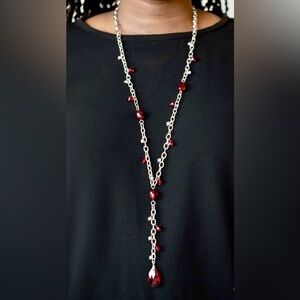 Ruby red rhinestone silver chain necklace